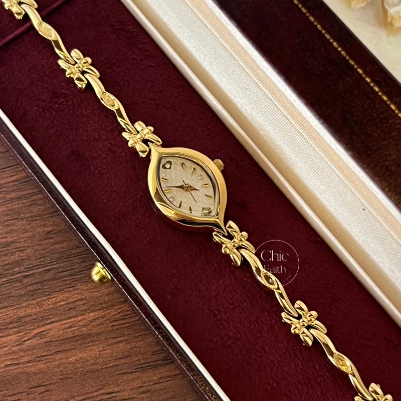 Chic Gold/White Marquise Dial Floral Twist Bracelet Women‘s Watch