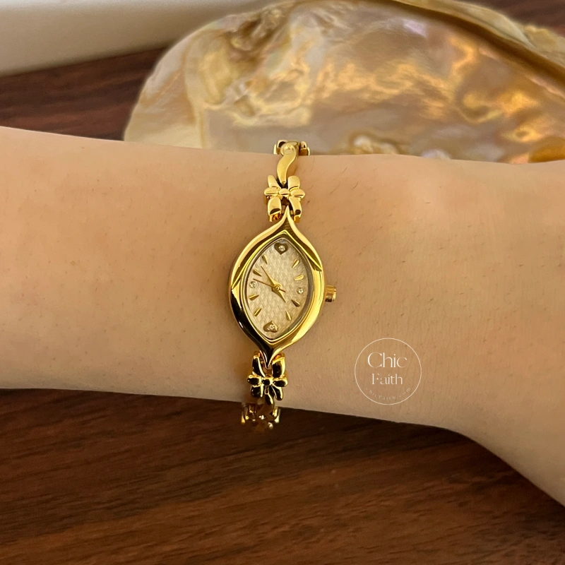 Chic Gold/White Marquise Dial Floral Twist Bracelet Women‘s Watch