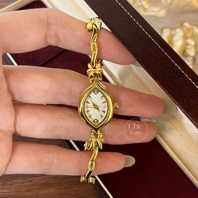 Chic Gold/White Marquise Dial Floral Twist Bracelet Women‘s Watch
