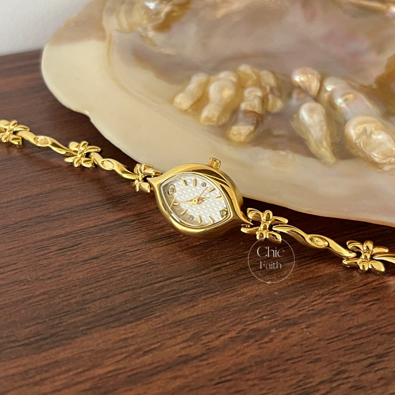 Chic Gold/White Marquise Dial Floral Twist Bracelet Women‘s Watch