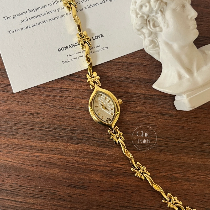 Chic Gold/White Marquise Dial Floral Twist Bracelet Women‘s Watch
