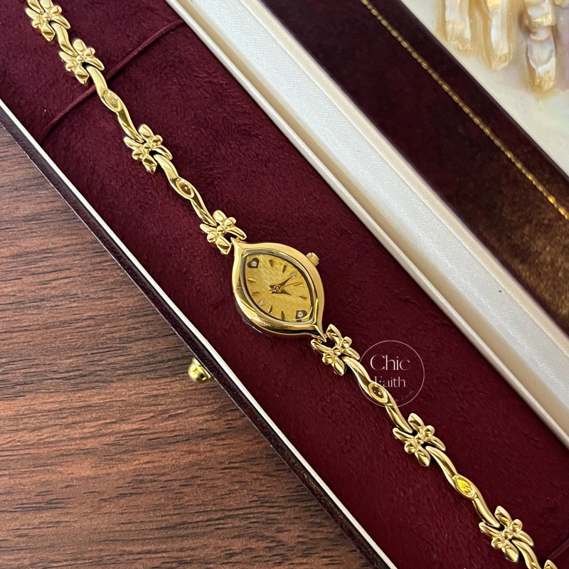 Chic Gold/White Marquise Dial Floral Twist Bracelet Women‘s Watch