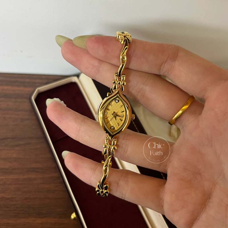 Chic Gold/White Marquise Dial Floral Twist Bracelet Women‘s Watch