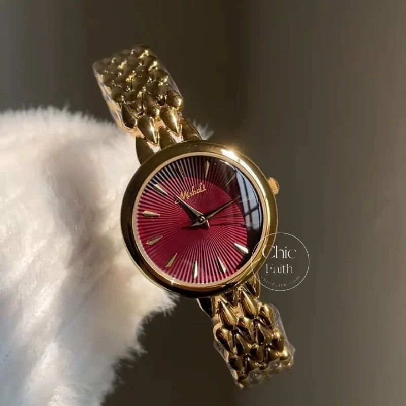 Chic Gold Burgundy Sunray Dial Metal Bracelet Women's Watch