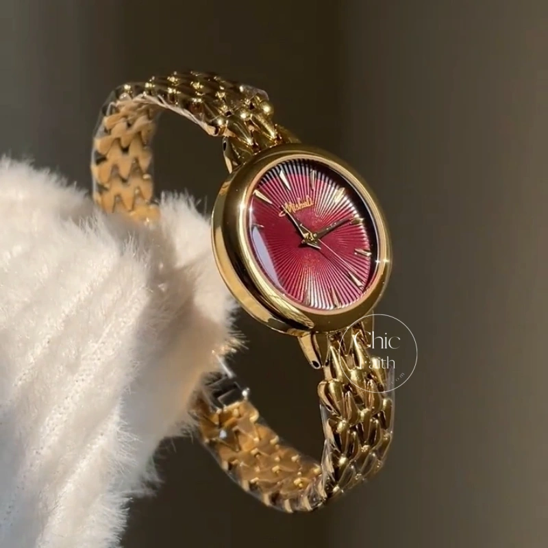 Chic Gold Burgundy Sunray Dial Metal Bracelet Women's Watch