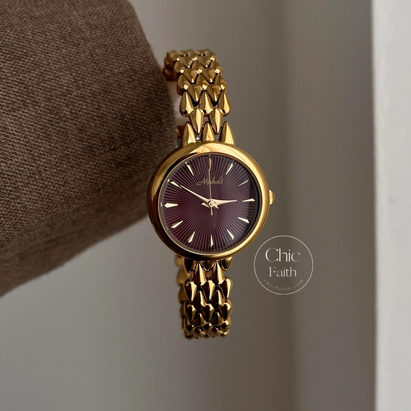 Chic Gold Burgundy Sunray Dial Metal Bracelet Women's Watch
