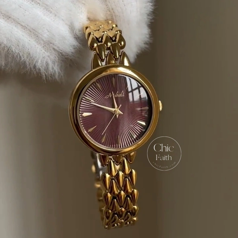 Chic Gold Burgundy Sunray Dial Metal Bracelet Women's Watch
