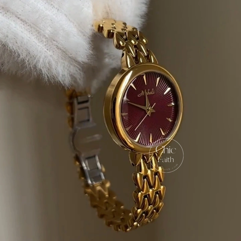 Chic Gold Burgundy Sunray Dial Metal Bracelet Women's Watch