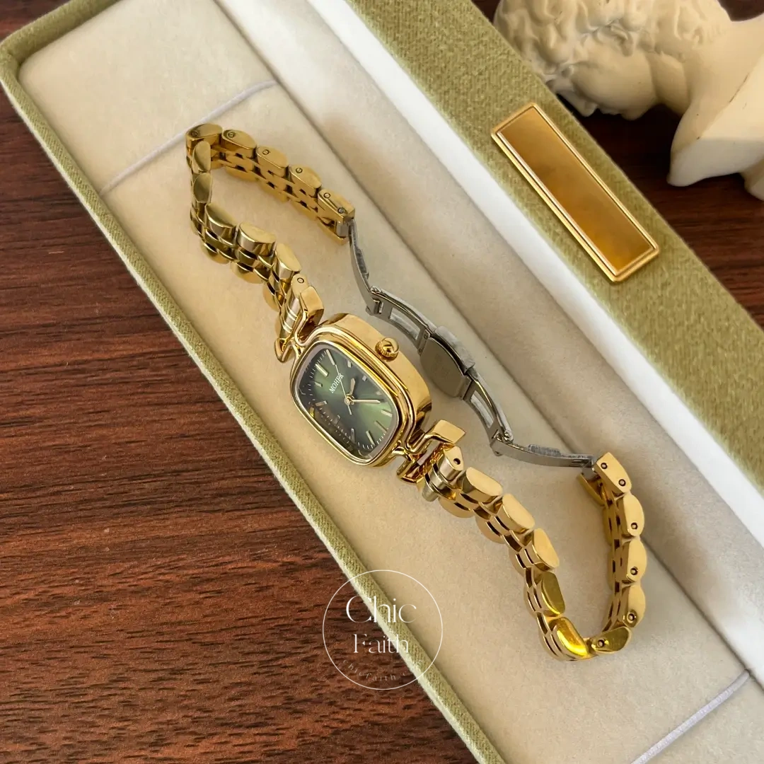 ChicFaith Gold Square Dark Green Dial Bracelet Watch for Women