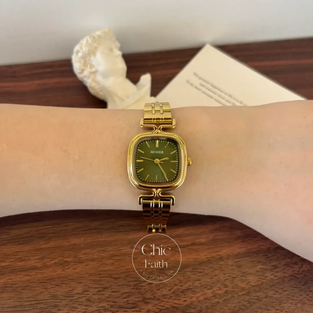 ChicFaith Gold Square Dark Green Dial Bracelet Watch for Women