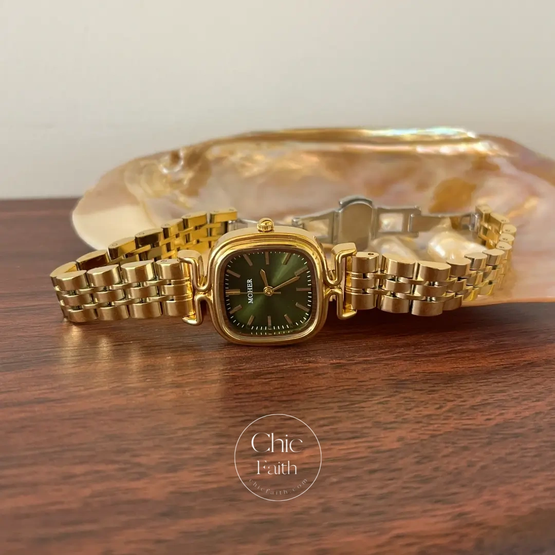 ChicFaith Gold Square Dark Green Dial Bracelet Watch for Women
