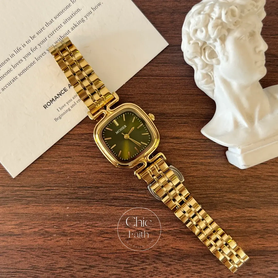 ChicFaith Gold Square Dark Green Dial Bracelet Watch for Women
