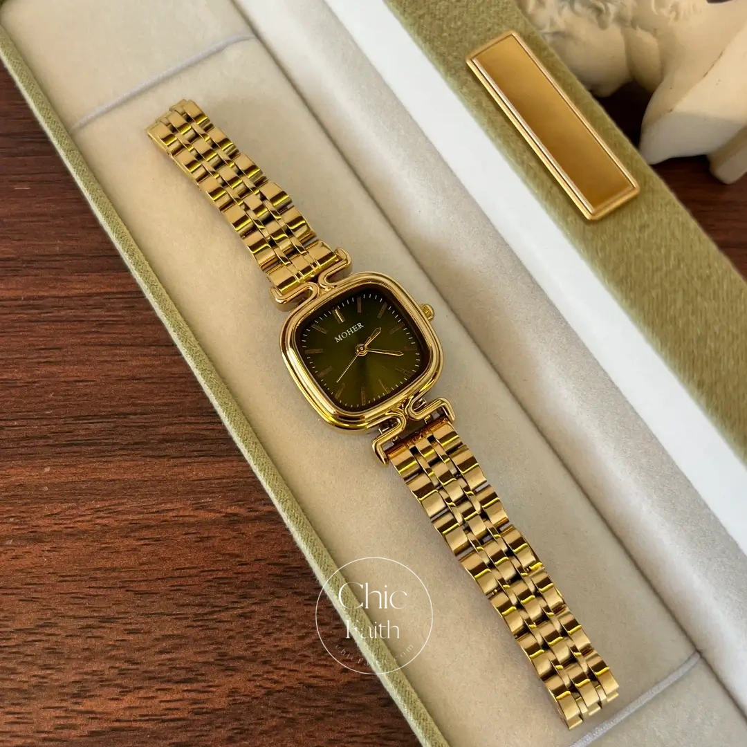 ChicFaith Gold Square Dark Green Dial Bracelet Watch for Women