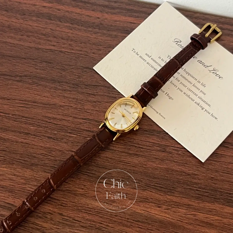 ChicFaith Gold Oval Brown Leather Band Watch for Women