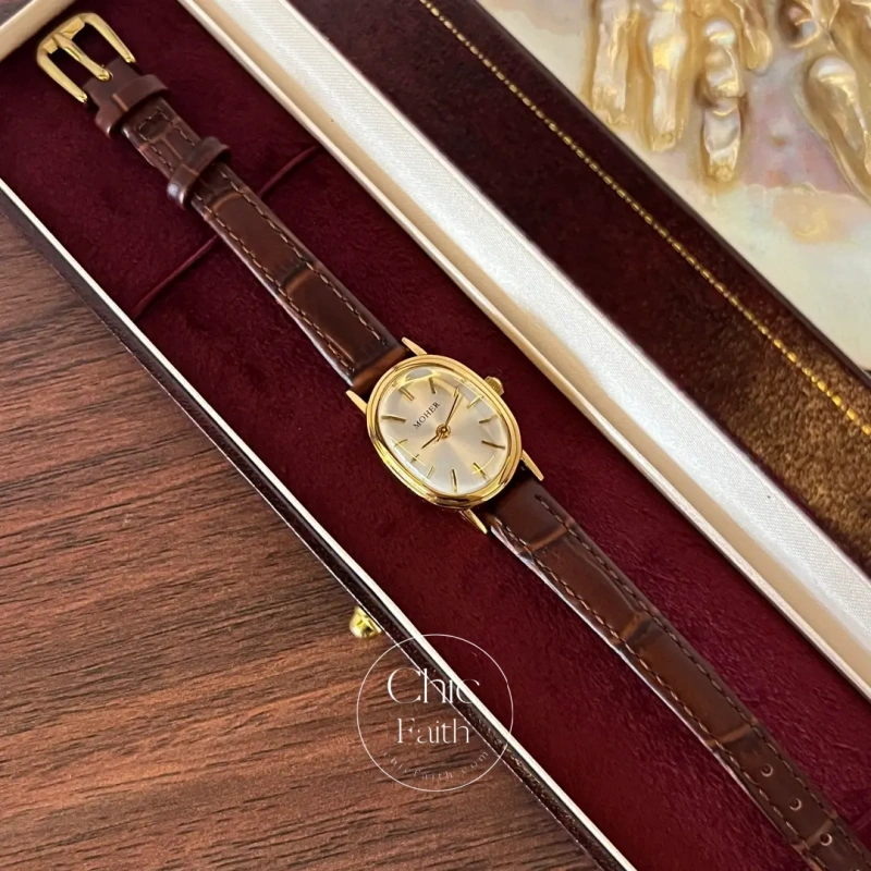 ChicFaith Gold Oval Brown Leather Band Watch for Women