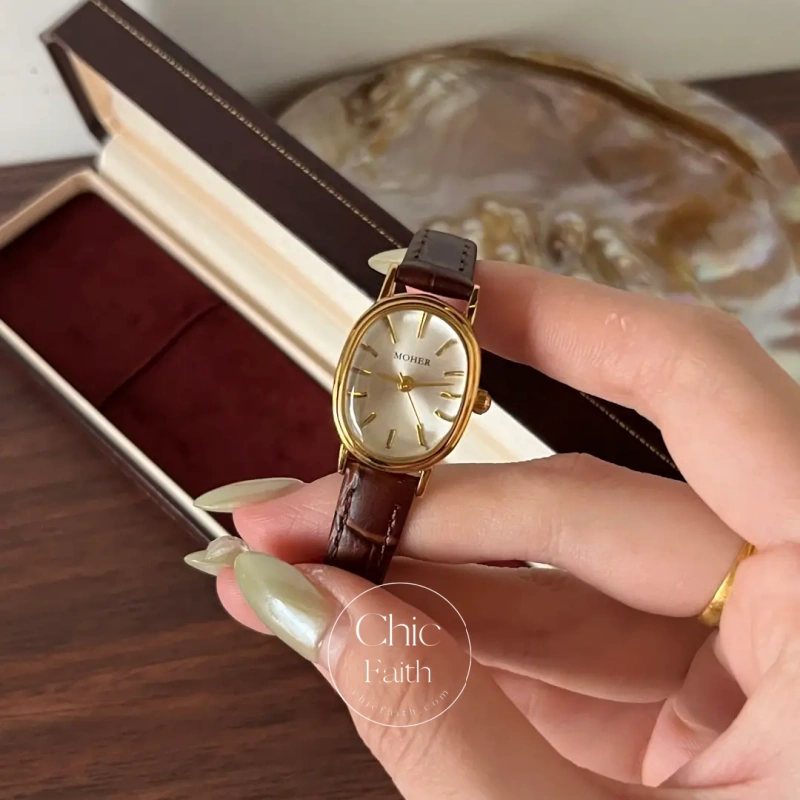 ChicFaith Gold Oval Brown Leather Band Watch for Women