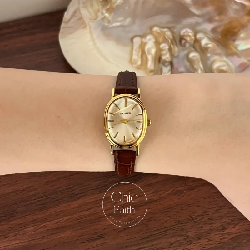 ChicFaith Gold Oval Brown Leather Band Watch for Women
