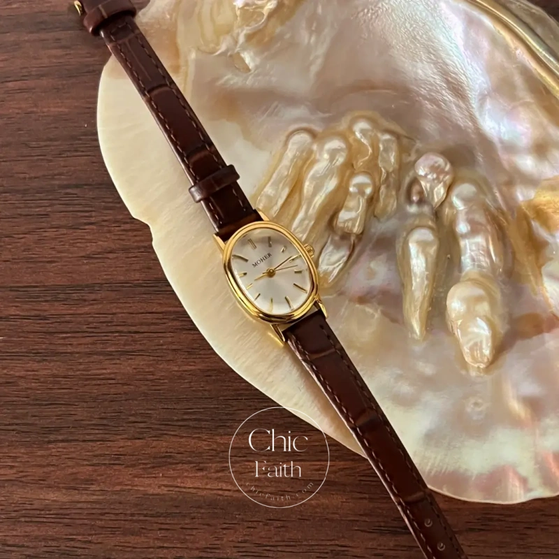 ChicFaith Gold Oval Brown Leather Band Watch for Women