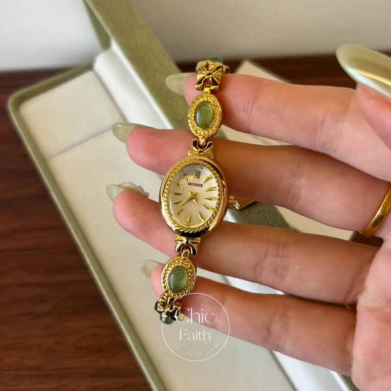 ChicFaith Gold Small Face Green Jade Gemstone Bracelet Watch
