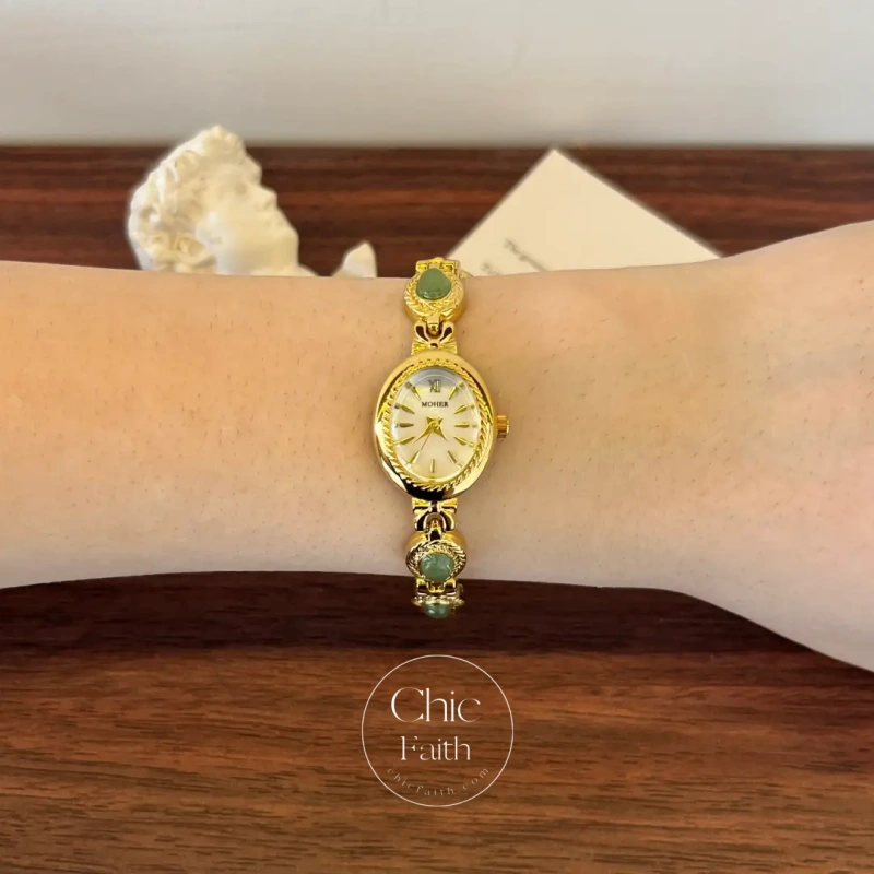 ChicFaith Gold Small Face Green Jade Gemstone Bracelet Watch