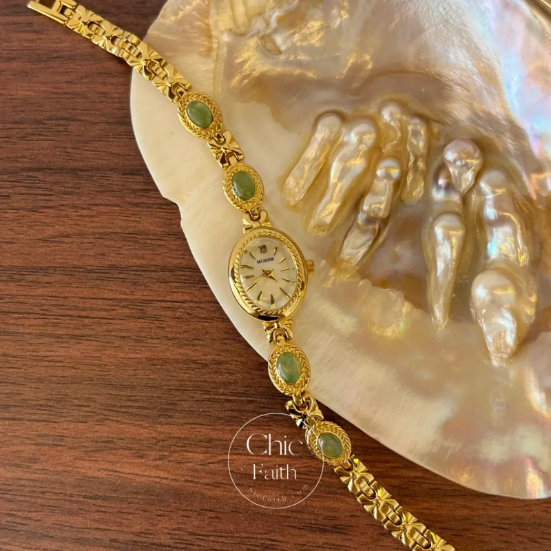 ChicFaith Gold Small Face Green Jade Gemstone Bracelet Watch