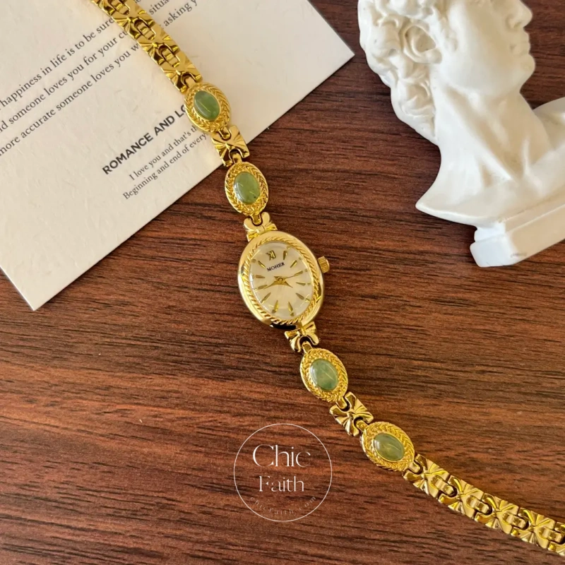 ChicFaith Gold Small Face Green Jade Gemstone Bracelet Watch