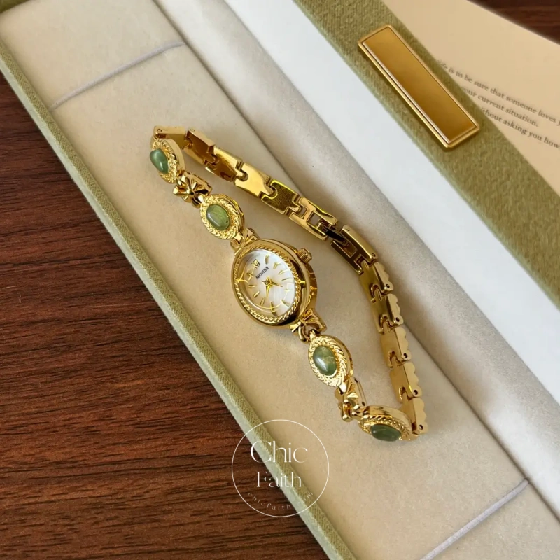 ChicFaith Gold Small Face Green Jade Gemstone Bracelet Watch