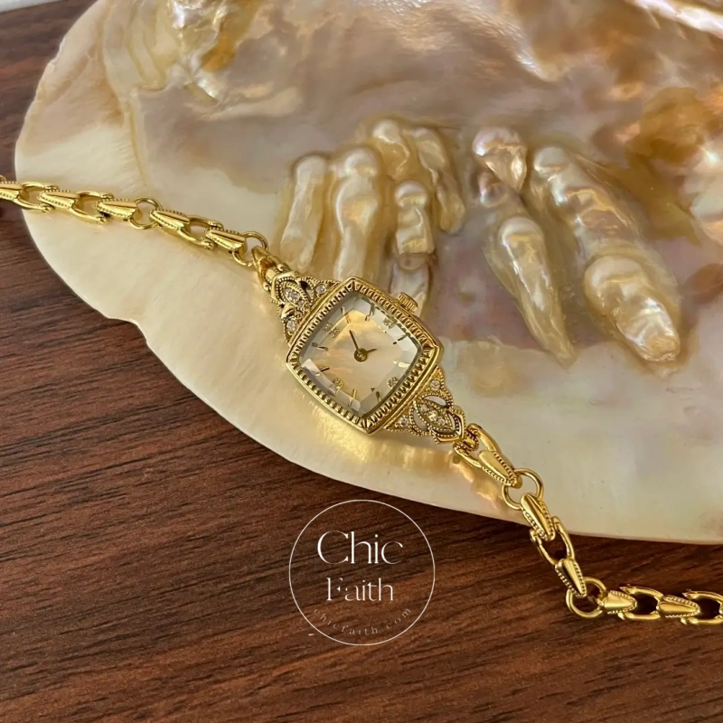 Dainty White Square Dial Gold Zircon Bracelet Watch for Women