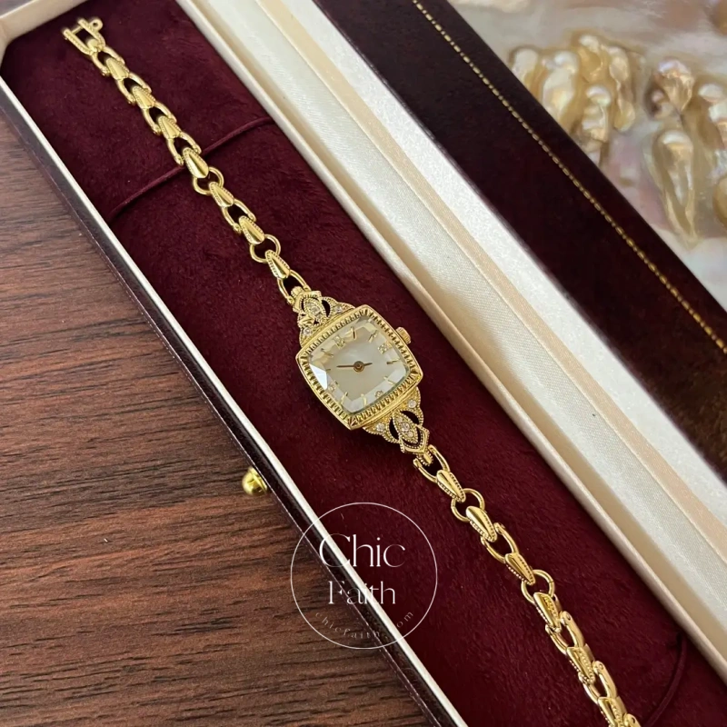 Dainty White Square Dial Gold Zircon Bracelet Watch for Women