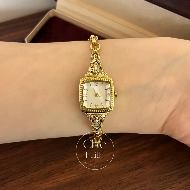 Dainty White Square Dial Gold Zircon Bracelet Watch for Women