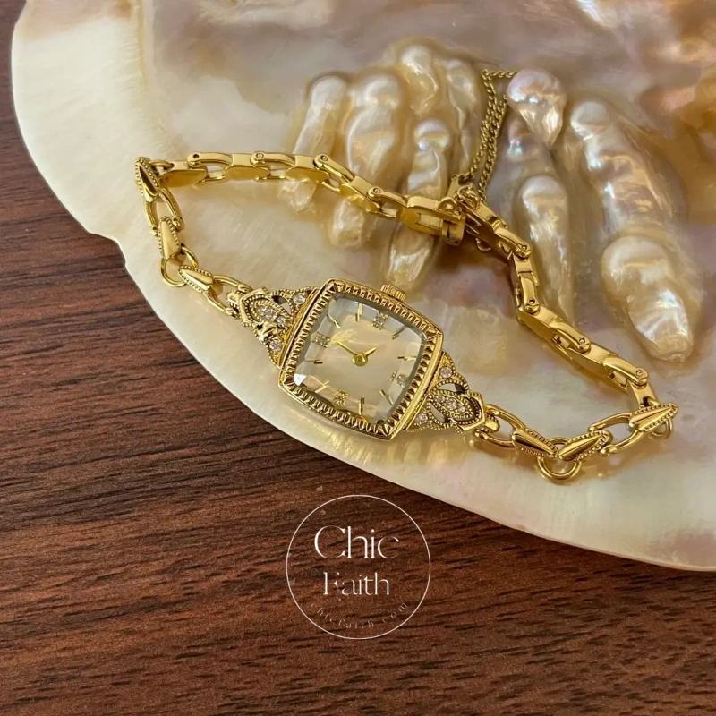 Dainty White Square Dial Gold Zircon Bracelet Watch for Women