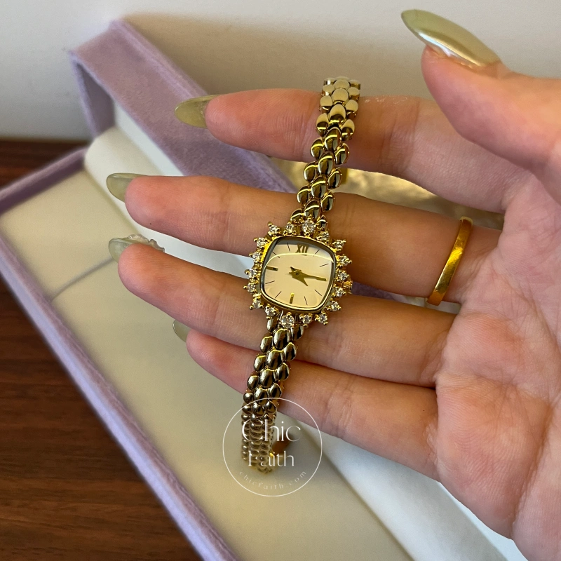 Classic White Square Dial Gold Zircon Bracelet Watch for Women