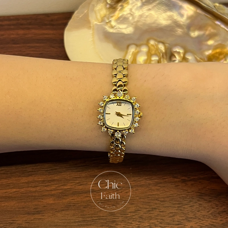 Classic White Square Dial Gold Zircon Bracelet Watch for Women