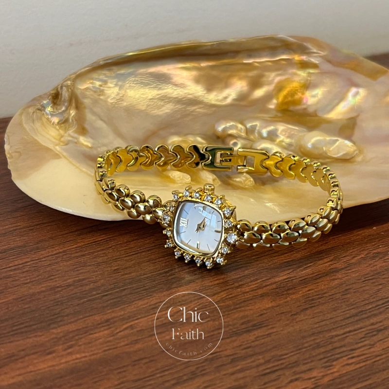 Classic White Square Dial Gold Zircon Bracelet Watch for Women