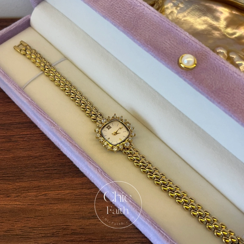 Classic White Square Dial Gold Zircon Bracelet Watch for Women