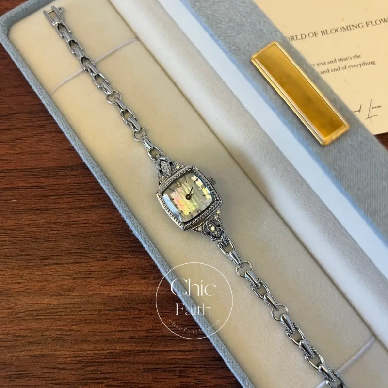Dainty White Square Dial Silver Zircon Bracelet Watch for Women