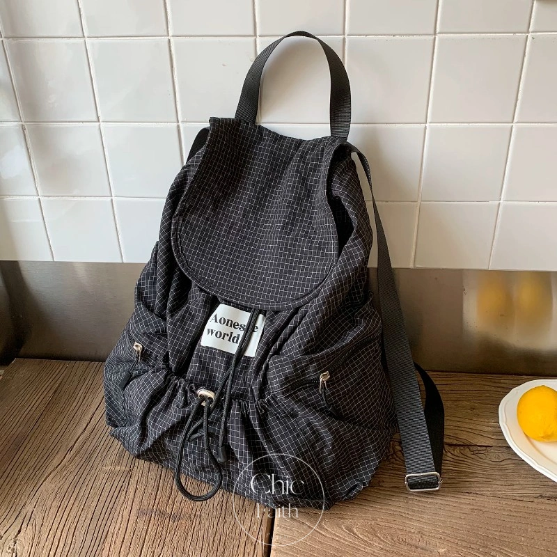 Retro Blue/ Black Plaid Drawstring Women's Backpack