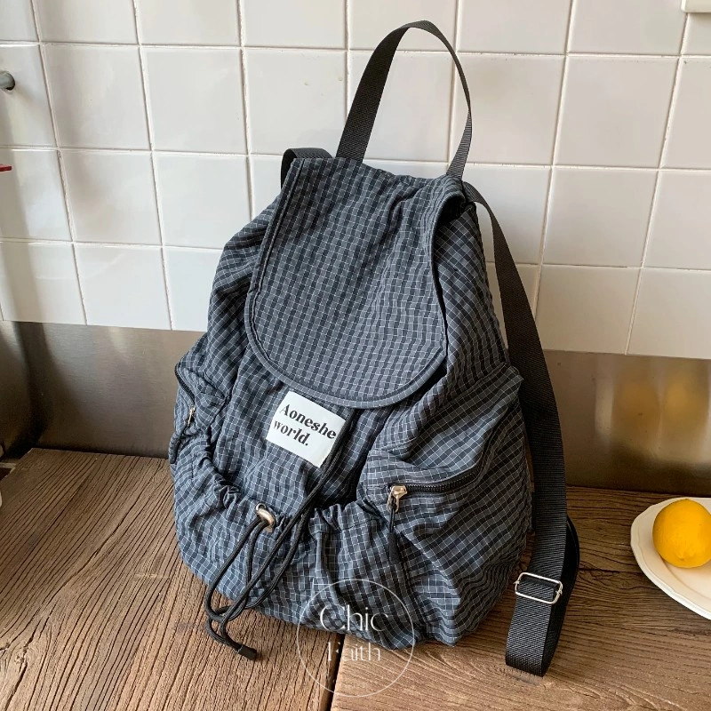 Retro Blue/ Black Plaid Drawstring Women's Backpack