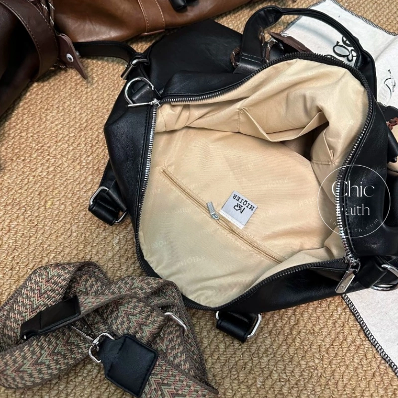 Retro Black/Brown Leather Boston Women's Shoulder Bag