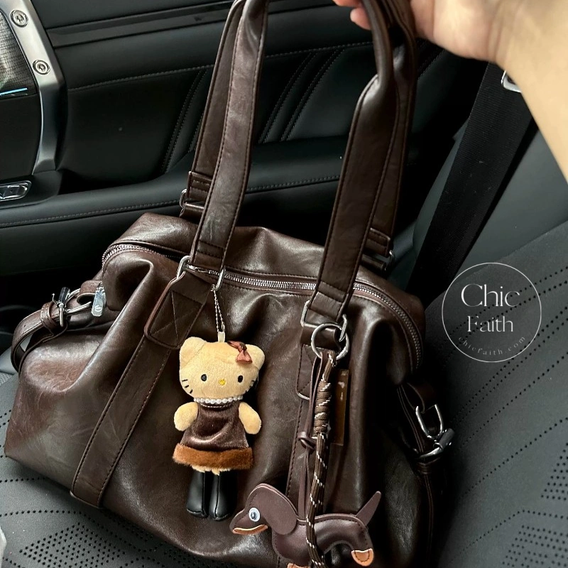 Retro Black/Brown Leather Boston Women's Shoulder Bag