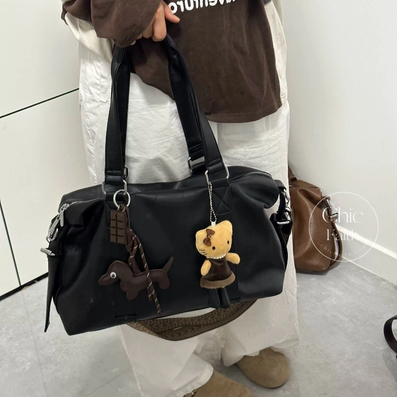Retro Black/Brown Leather Boston Women's Shoulder Bag