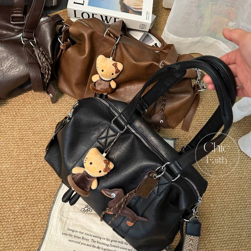 Retro Black/Brown Leather Boston Women's Shoulder Bag