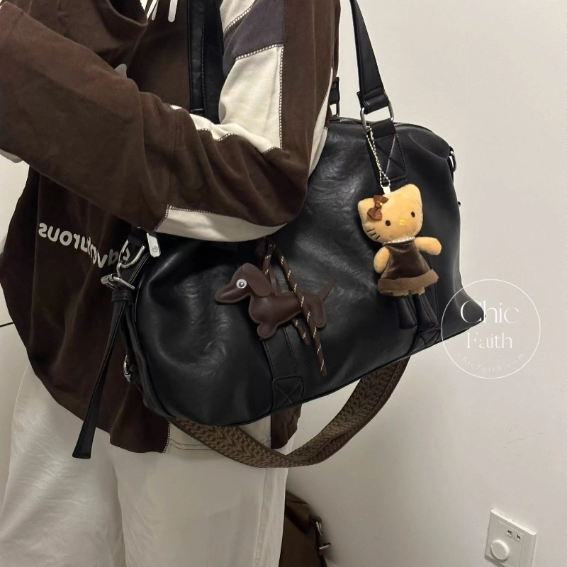 Retro Black/Brown Leather Boston Women's Shoulder Bag
