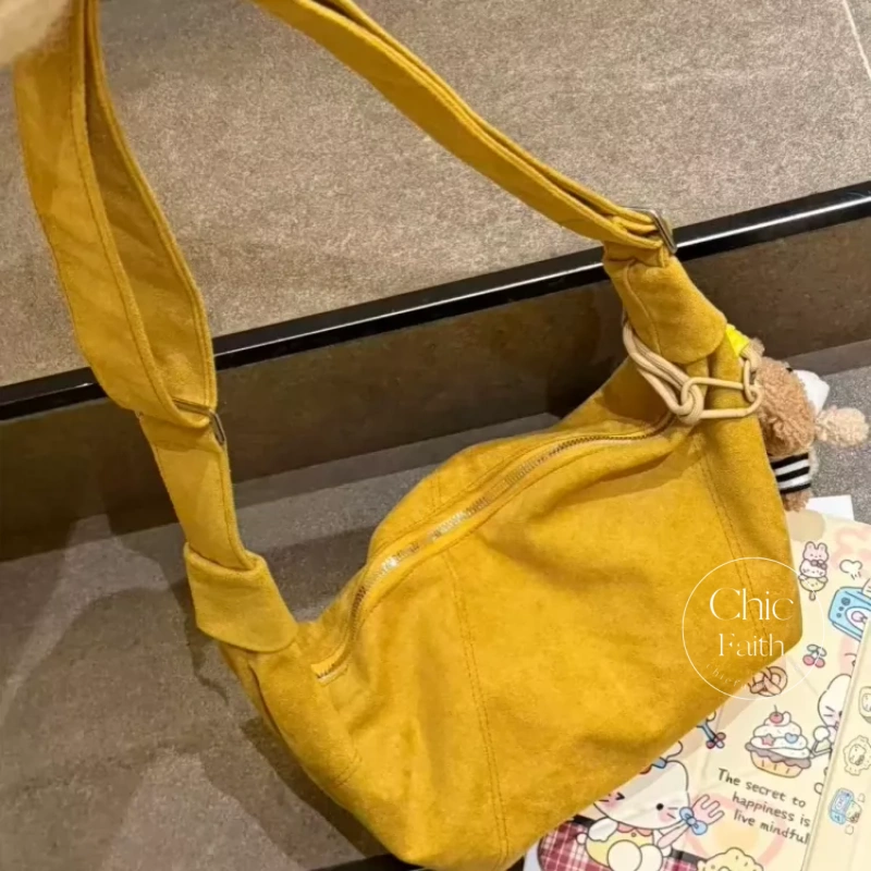 Vintage-Inspired Yellow Suede Women's Crossbody Hobo Bag