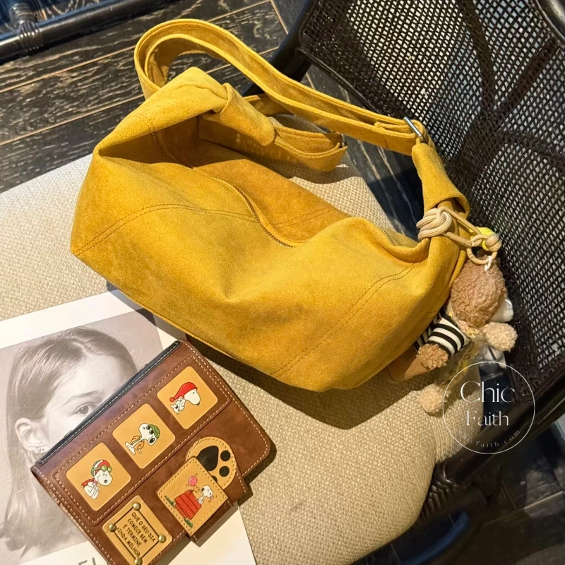 Vintage-Inspired Yellow Suede Women's Crossbody Hobo Bag