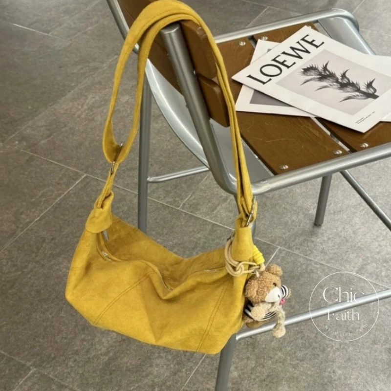 Vintage-Inspired Yellow Suede Women's Crossbody Hobo Bag