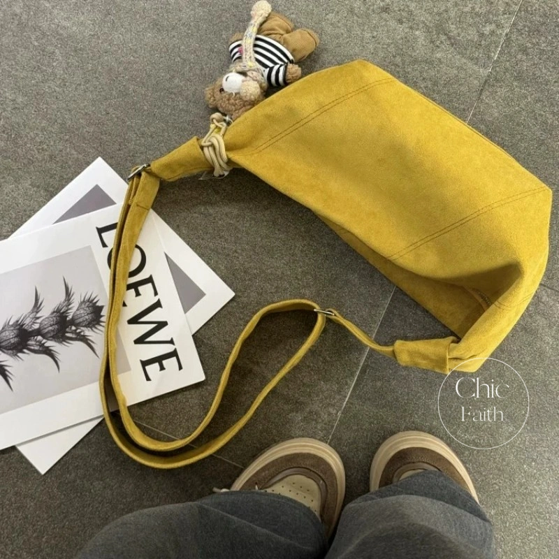 Vintage-Inspired Yellow Suede Women's Crossbody Hobo Bag