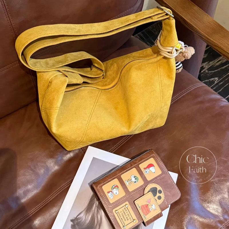 Vintage-Inspired Yellow Suede Women's Crossbody Hobo Bag