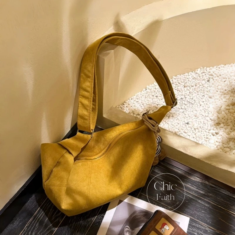 Vintage-Inspired Yellow Suede Women's Crossbody Hobo Bag