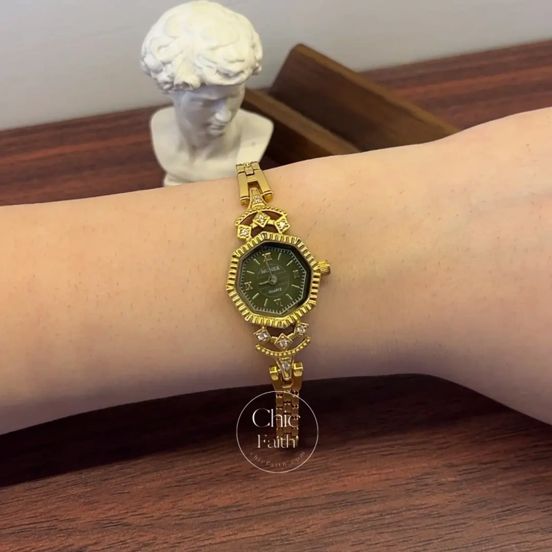 ChicFaith Gold Octagon Emerald Green Dial Bracelet Watch for Women